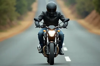 Pilote sur une 125cc sportive en pleine accélération sur route asphaltée