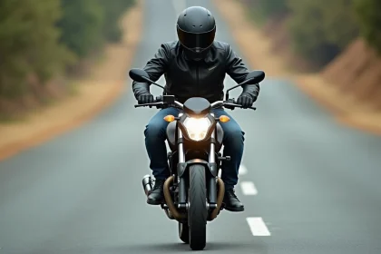 Pilote sur une 125cc sportive en pleine accélération sur route asphaltée