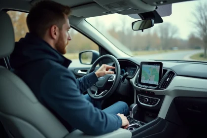 Homme activant Android Auto sur l'écran tactile d'un Ford SUV