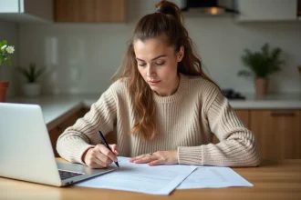 Femme consultant des documents d'assurance auto sur son ordinateur portable pour ajouter un conducteur occasionnel