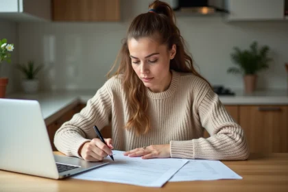 Femme consultant des documents d'assurance auto sur son ordinateur portable pour ajouter un conducteur occasionnel