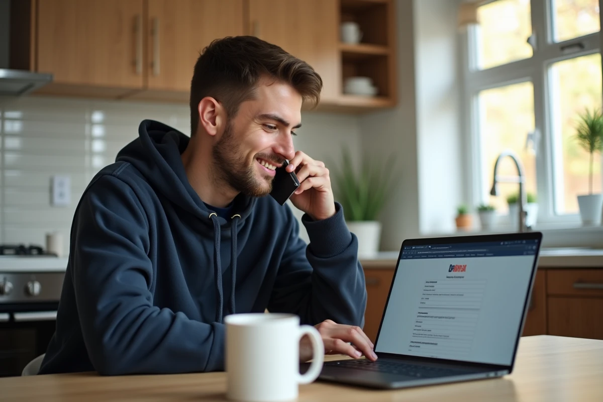 Un jeune homme contactant un service administratif par téléphone pour un problème de permis de conduire