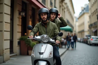 Jeune homme attachant son casque à côté d'un scooter argenté garé sur un trottoir parisien, illustrant l'obligation d'assurance scooter