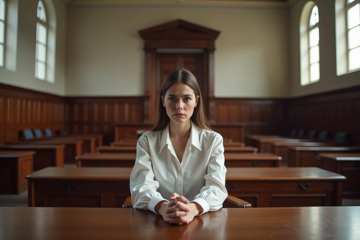 Jeune femme comparaissant devant un tribunal pour une infraction de conduite sans permis de conduire