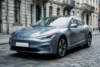 Berline électrique chinoise garée dans une rue urbaine européenne, mettant en valeur son design moderne et son rapport qualité-prix attractif