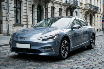 Berline électrique chinoise garée dans une rue urbaine européenne, mettant en valeur son design moderne et son rapport qualité-prix attractif
