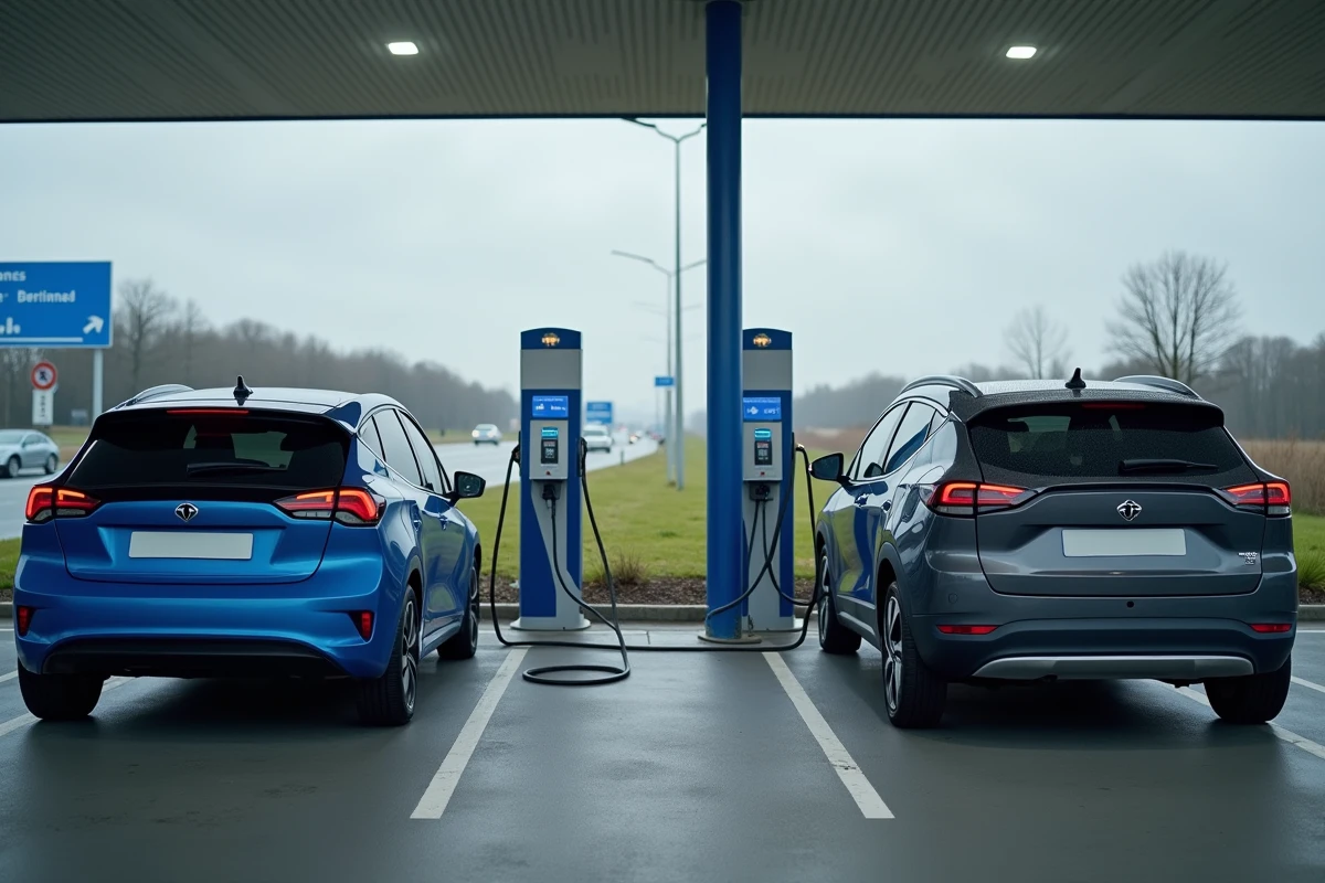 Deux voitures électriques en charge rapide dans une aire de service autoroutière en France