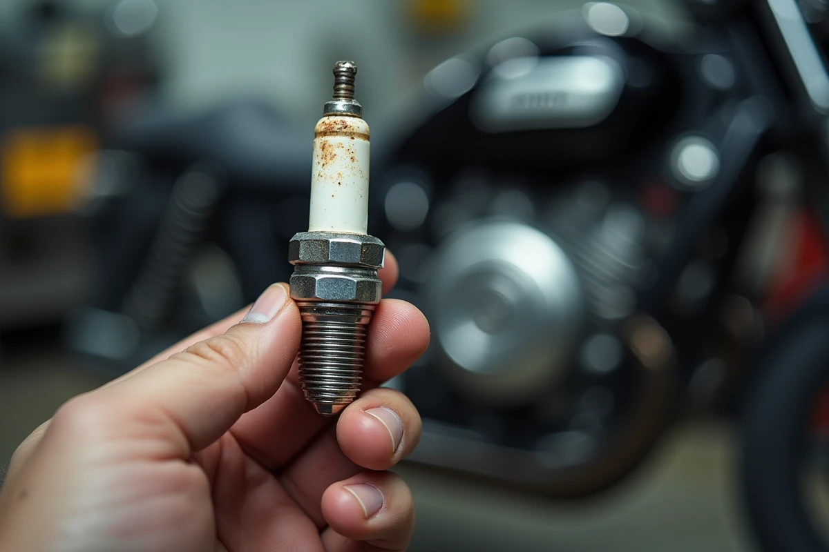 Bougie d'allumage encrassée de moto tenue par un technicien, cause fréquente de ratés moteur