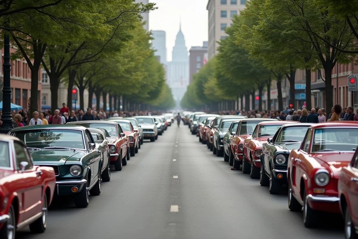Large boulevard urbain bordé de centaines de voitures anciennes et modernes lors d'un rassemblement automobile géant avec des spectateurs qui se promènent