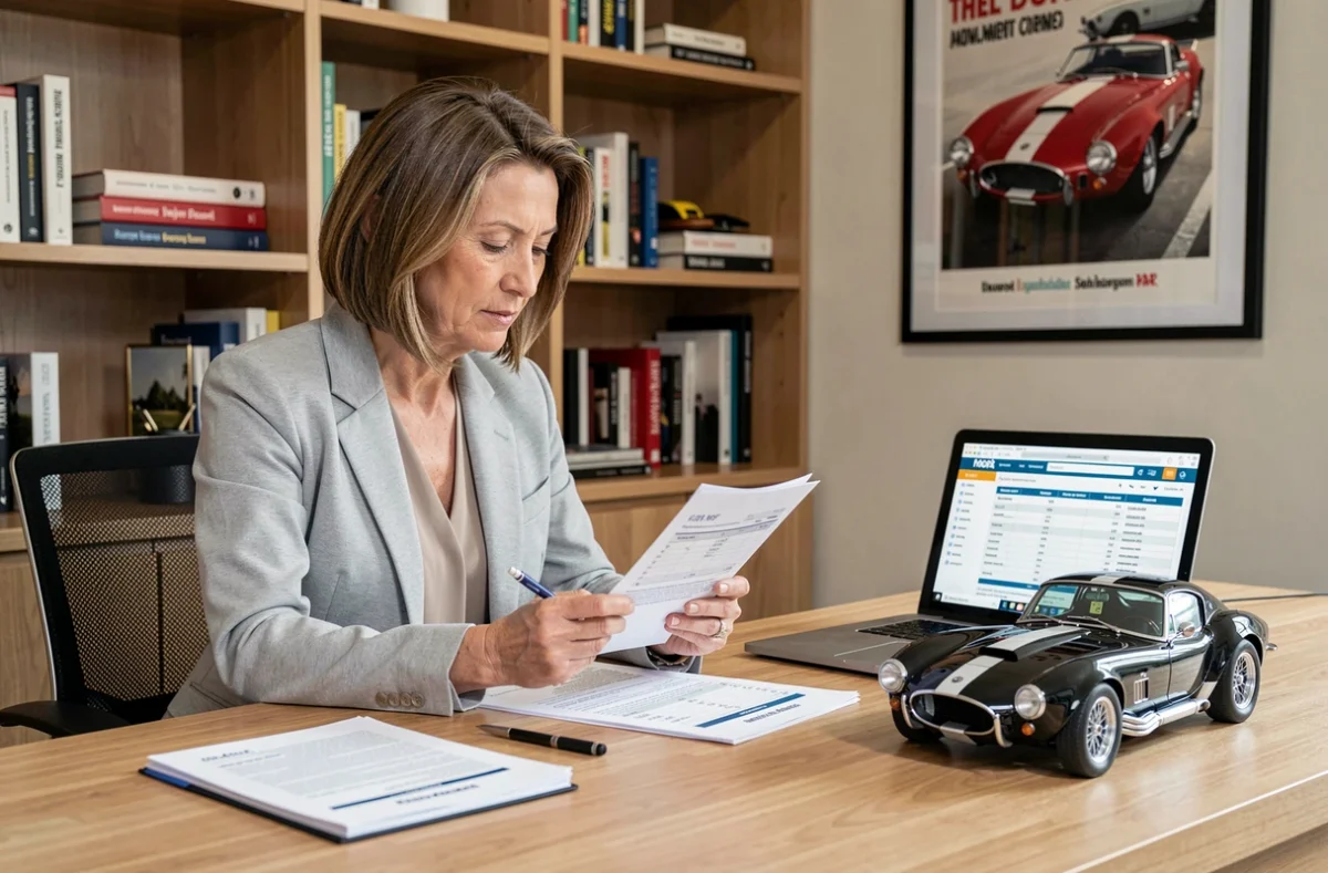 Femme planifiant le budget d'achat et d'entretien d'une voiture Cobra avec documents et modèle réduit