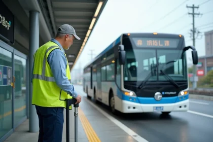 Bus à hydrogène dans une station de transport urbain au Japon avec un agent de transit inspectant le système de ravitaillement