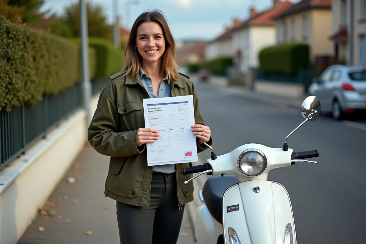Jeune femme tenant sa carte grise de scooter 50cc devant son deux-roues dans la rue