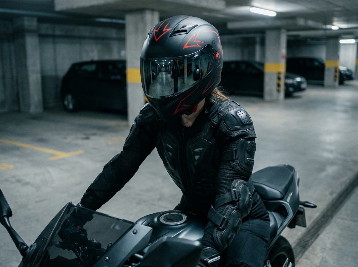 Motarde en casque racing noir mat avec bande rouge assise sur une moto sportive dans un parking souterrain en béton