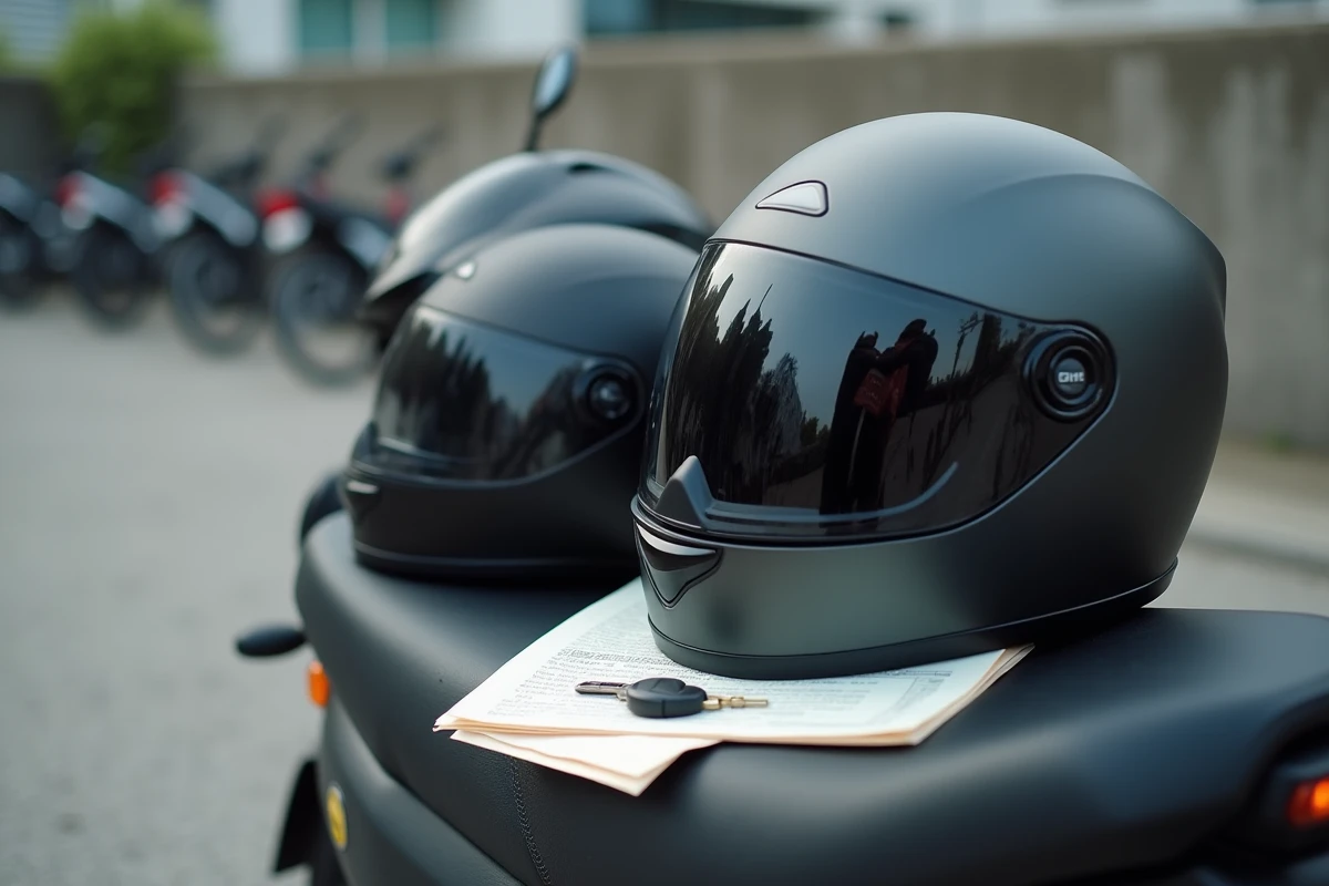 Casques et permis de conduire posés sur un scooter électrique, symbolisant les obligations légales pour conduire un scooter électrique
