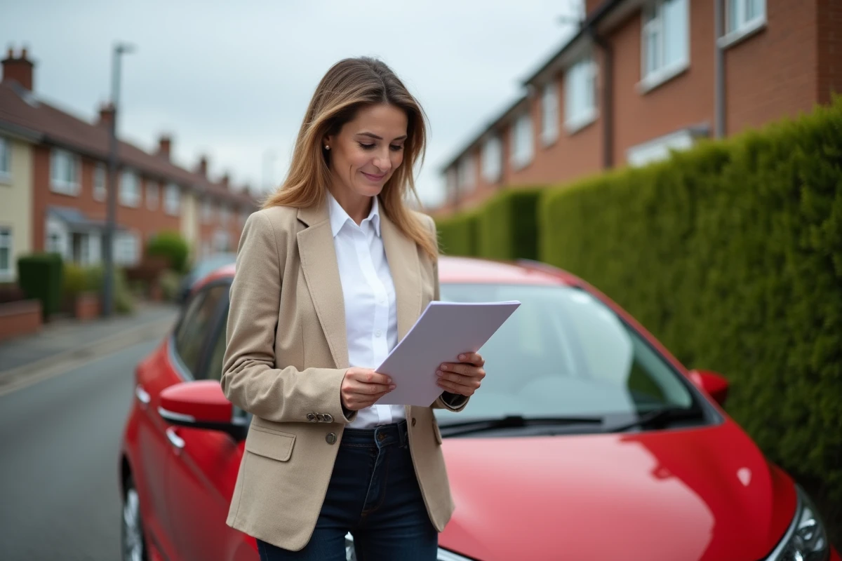 Femme consultant le certificat de contrôle technique de son véhicule avant une vente