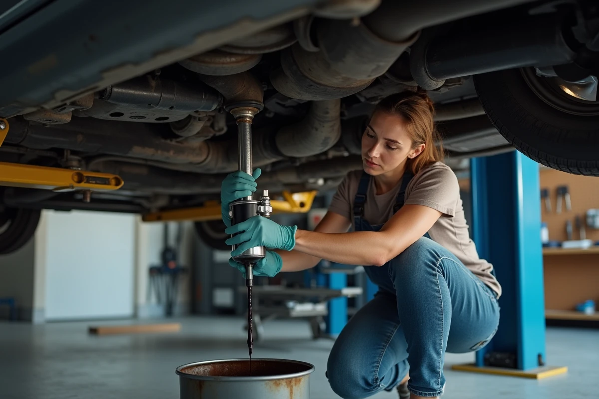 Femme changeant un filtre à huile sous une voiture levée dans un garage domestique