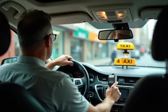 Chauffeur de taxi au volant avec compteur de tarif visible dans un véhicule moderne en ville