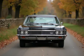Chevrolet Impala 1967 noire garée sur une route rurale française entourée d'arbres en automne