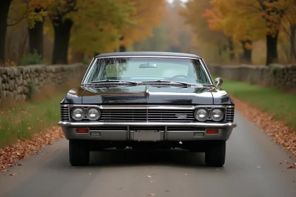 Chevrolet Impala 1967 noire garée sur une route rurale française entourée d'arbres en automne