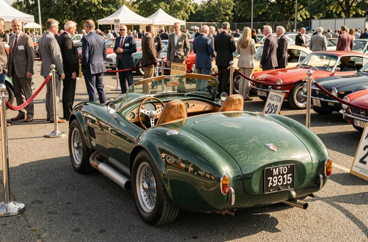 Cobra AC vert british racing lors d'une vente aux enchères de voitures classiques avec des collectionneurs