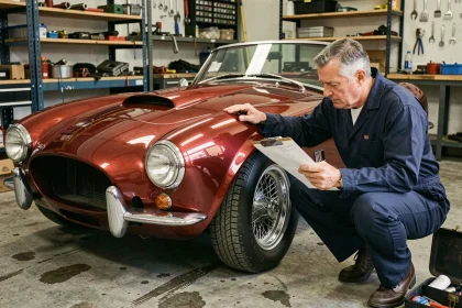 Mécanicien examinant une Cobra réplique 1965 rouge dans un garage privé avec une facture d'entretien