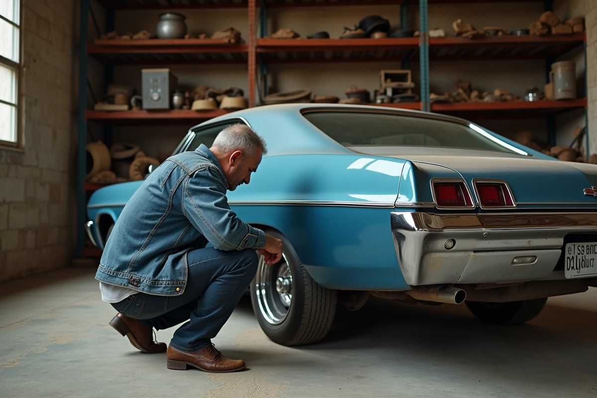 Collectionneur français inspectant une Chevrolet Impala 1967 restaurée dans un garage en pierre