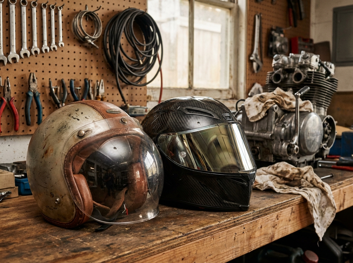 Comparaison d'un casque moto vintage en cuir et d'un casque racing en carbone posés côte à côte sur un établi d'atelier moto