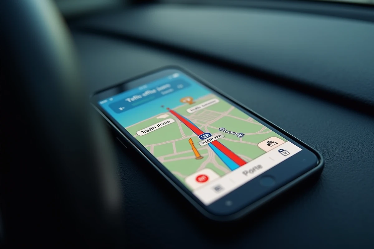 Comparaison entre Google Maps et Waze affichée sur un smartphone posé sur le tableau de bord d'une voiture