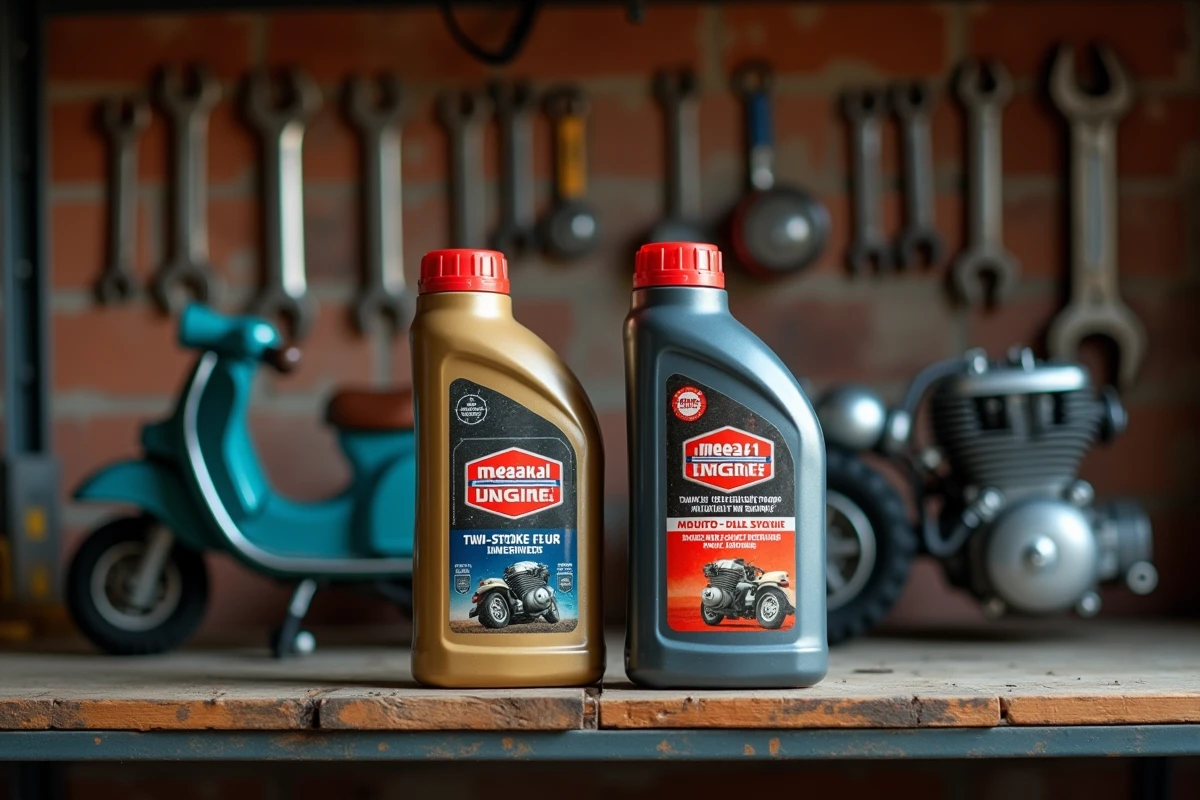 Comparaison d'un bidon d'huile 2 temps et d'un bidon d'huile 4 temps posés sur une étagère de garage