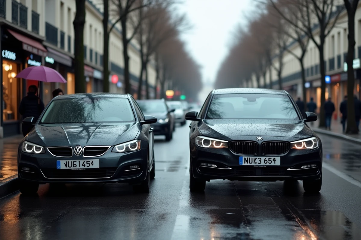 Comparaison entre une plaque d'immatriculation propre et une plaque illisible noircie sur un boulevard parisien sous la pluie