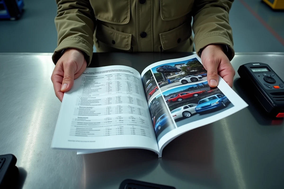 Mains de mécanicien tenant un rapport de fiabilité indépendant face à une brochure constructeur, symbolisant la comparaison entre données réelles et marketing