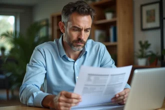Homme comparant des offres de prêt automobile sur des documents papier dans un bureau à domicile