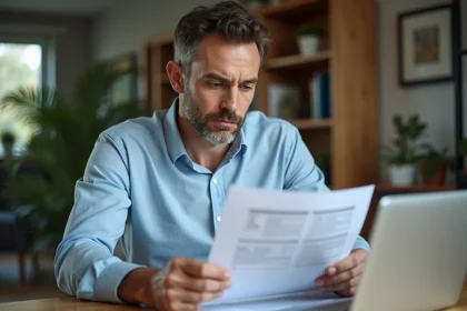 Homme comparant des offres de prêt automobile sur des documents papier dans un bureau à domicile
