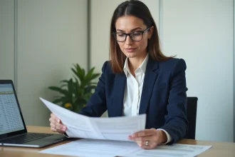 Comptable professionnelle analysant des documents fiscaux sur la TVS 2026 dans un bureau moderne