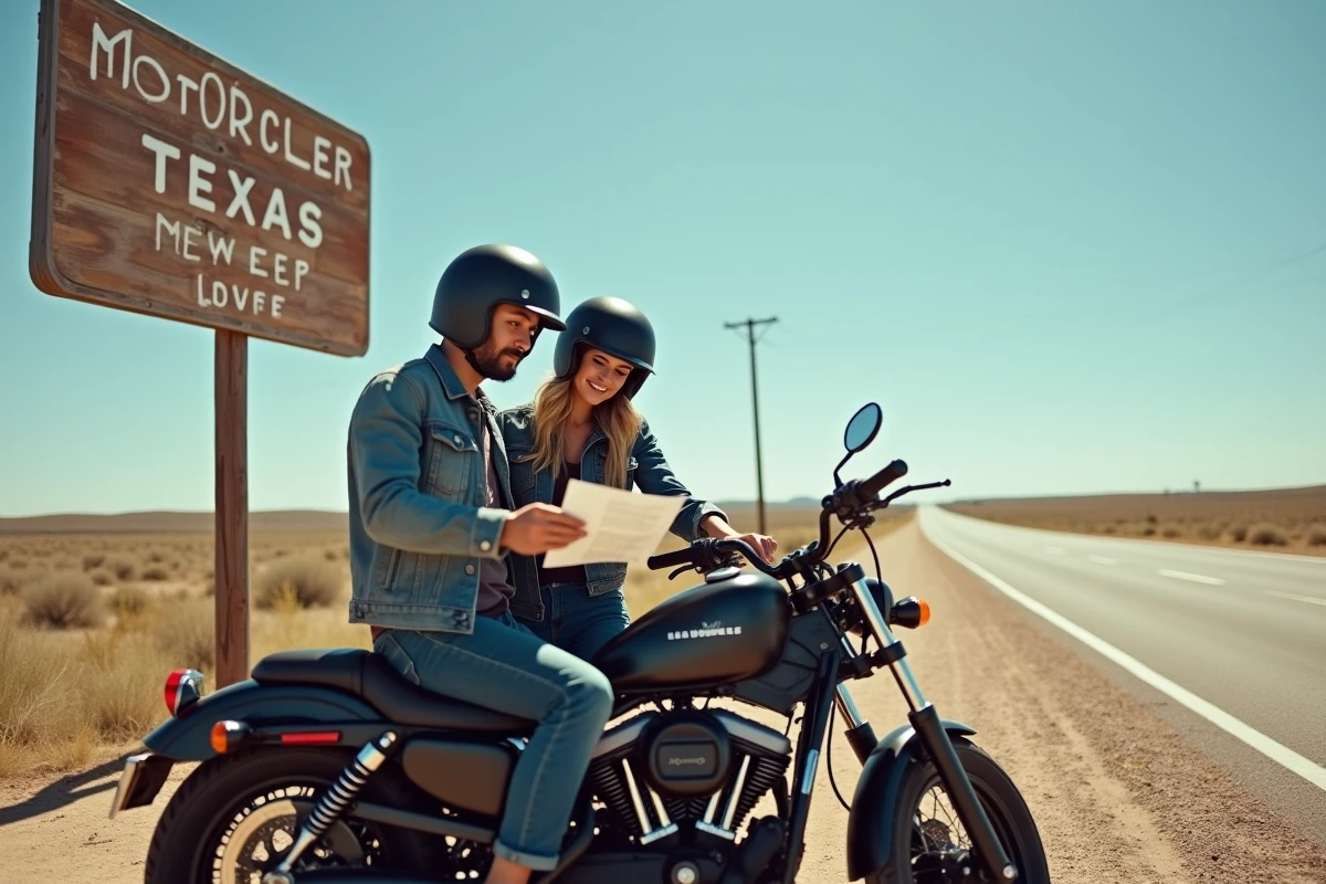 Deux adultes consultant un document sur les conditions d'âge pour louer une moto au Texas, debout près d'une route en plein désert texan
