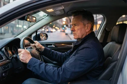 Conducteur masculin au volant d'une voiture en milieu urbain, expression préoccupée illustrant les risques liés à l'alcool au volant