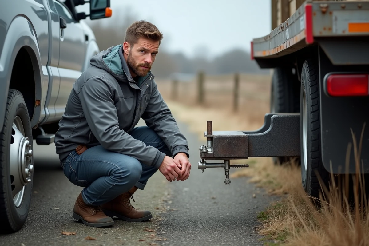 Conducteur professionnel inspectant l'attelage d'un pick-up avant de tracter une remorque plateau chargée