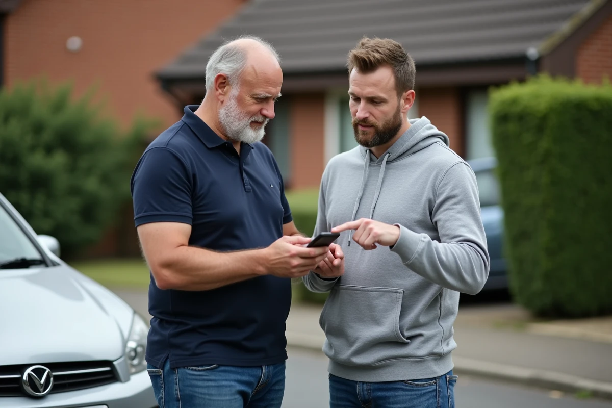 Père et fils consultant un smartphone pour ajouter un jeune conducteur occasionnel à l'assurance auto