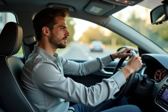 Homme assis au volant d'une voiture en tant que conducteur occasionnel, regard pensif