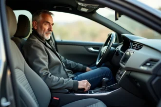 Conducteur appuyant sur l'embrayage d'une voiture manuelle arrêtée à un feu rouge