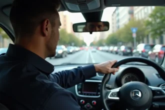 Conducteur concentré au volant dans une rue urbaine étroite avec voitures garées et passage piéton en arrière-plan
