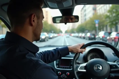 Conducteur concentré au volant dans une rue urbaine étroite avec voitures garées et passage piéton en arrière-plan