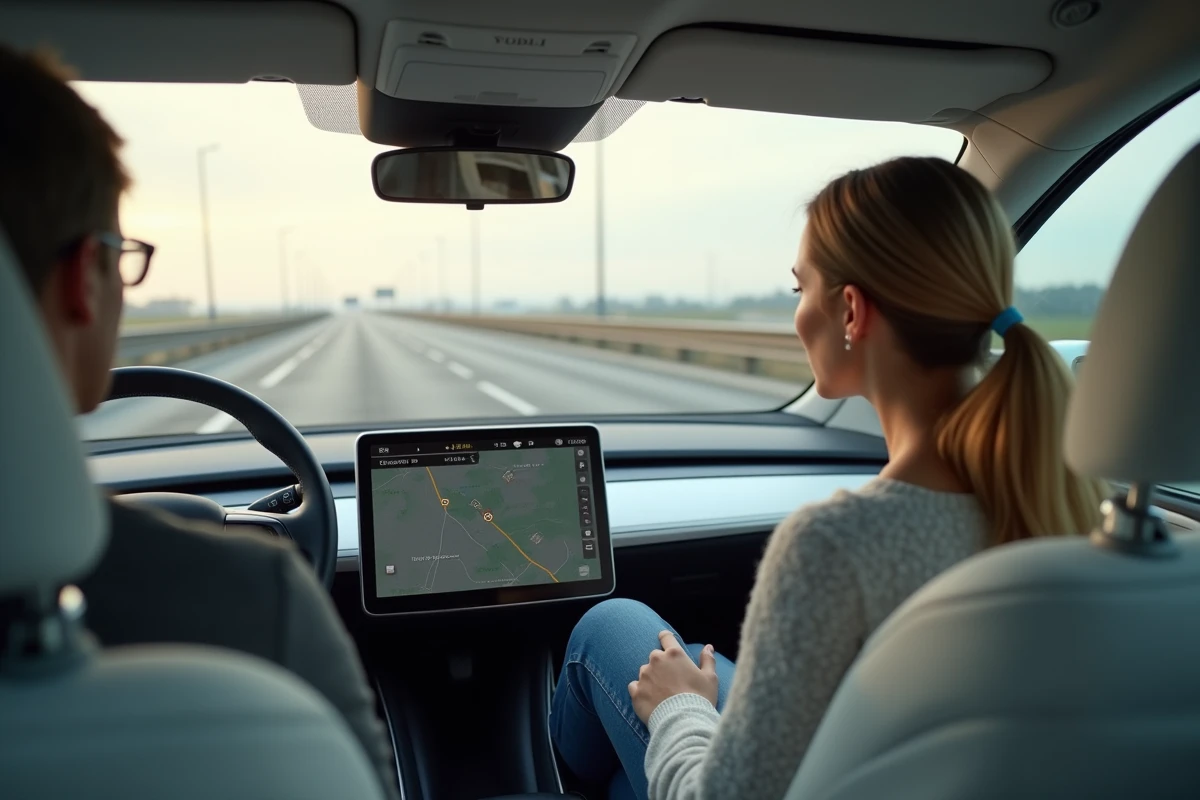 Conductrice consultant l'autonomie restante de sa voiture électrique sur l'écran de bord lors d'une pause autoroute