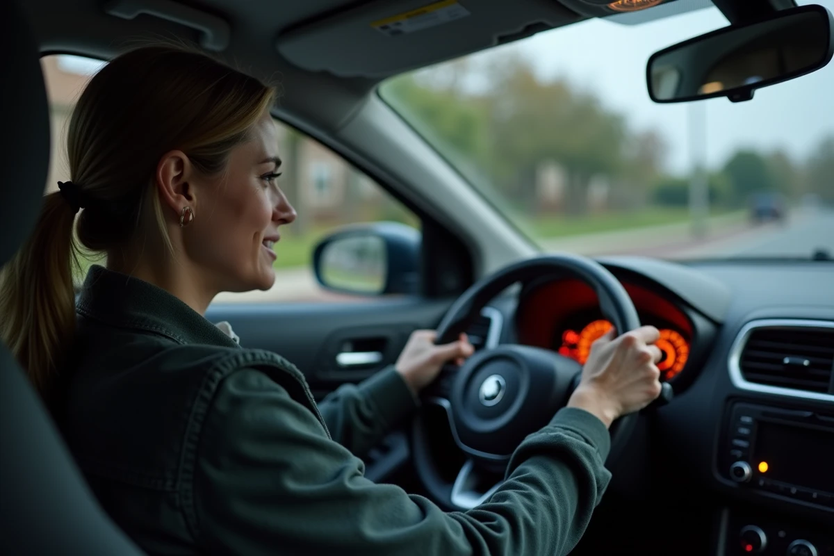 Conductrice regardant un voyant orange allumé sur le tableau de bord de sa voiture avec une expression intriguée