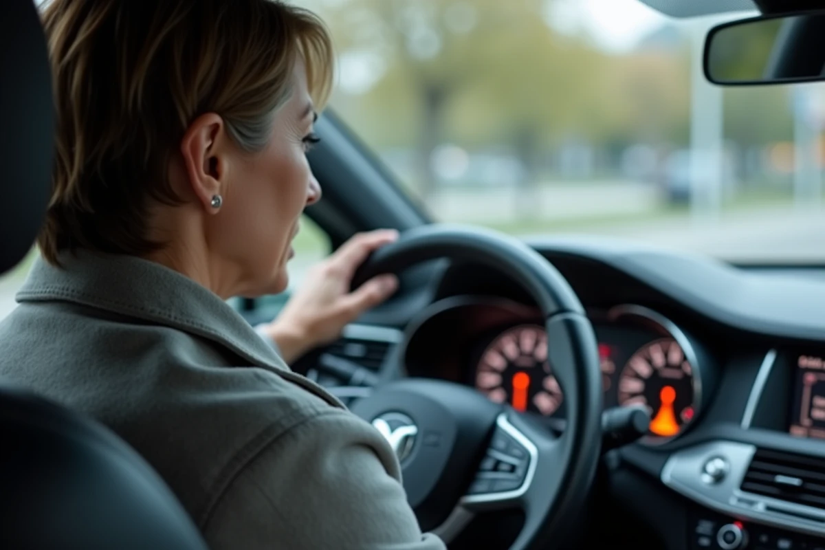 Femme inquiète regardant le triangle d'avertissement affiché sur le tableau de bord de sa voiture