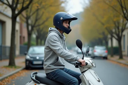 Jeune conducteur adolescent assis sur un scooter 50cc dans une rue française, portant un casque intégral bleu marine et une veste grise, illustrant la conduite d'un scooter sans BSR