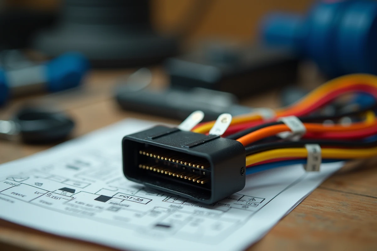 Gros plan sur les fils colorés du connecteur d'autoradio Peugeot avec schéma de branchement