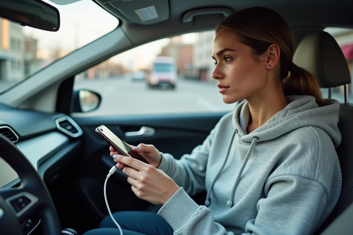 Femme connectant un smartphone Android à un port USB d'un tableau de bord Ford
