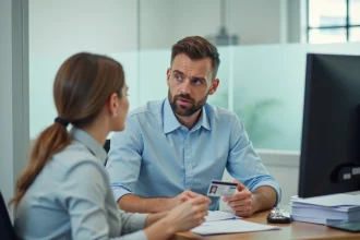 Un homme tenant son permis de conduire face à une agente administrative dans un bureau officiel