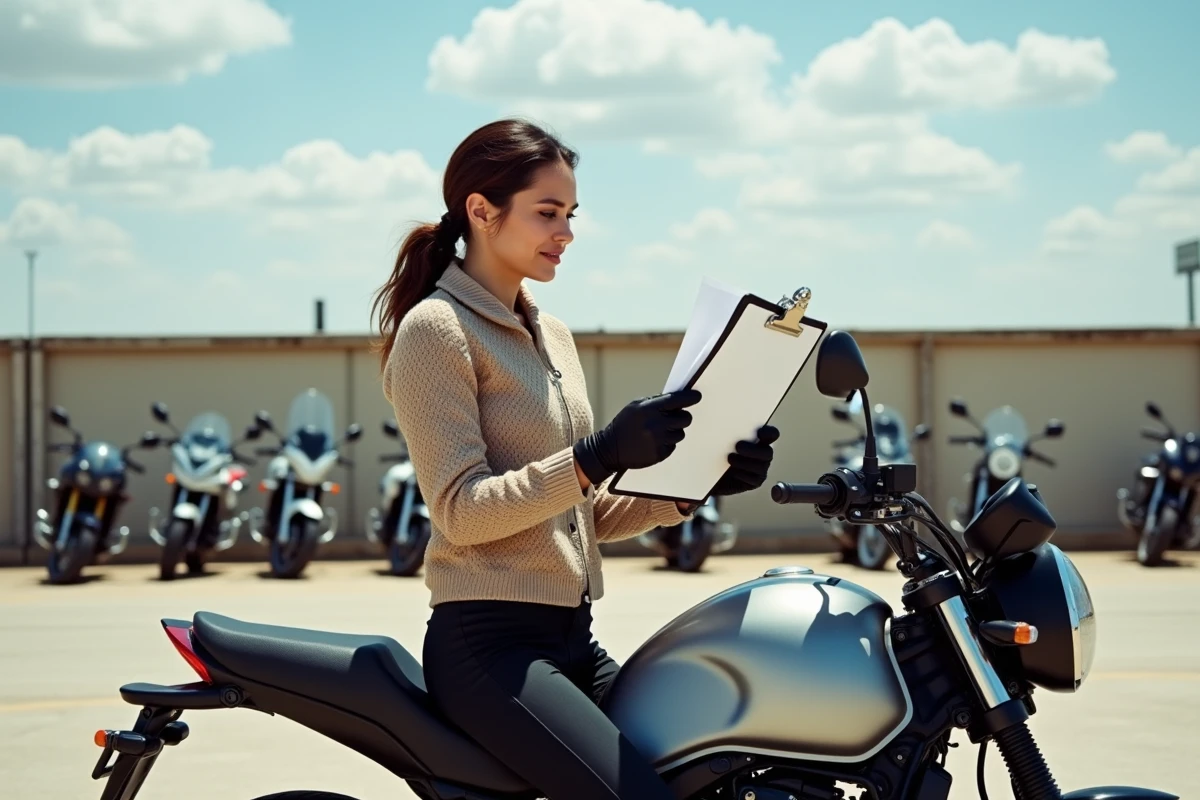 Femme étudiant un contrat de location de moto dans un parking d'agence au Texas, assise sur une moto adventure argentée